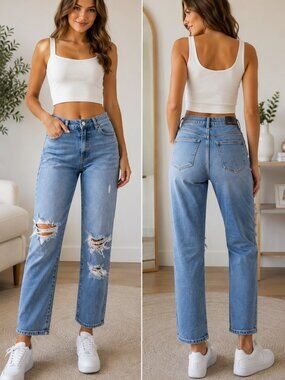 Kendall + Kylie The Icon High Rise Straight Distressed Jeans Light Wash Size 29